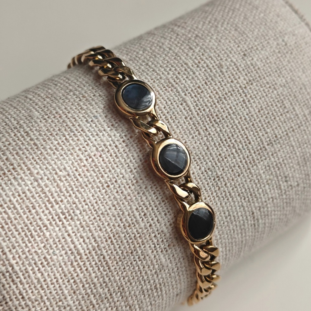 Gold Tone Curb Chain Bracelet Black Round Gem Stone Adjustable‎ Lobster Clasp